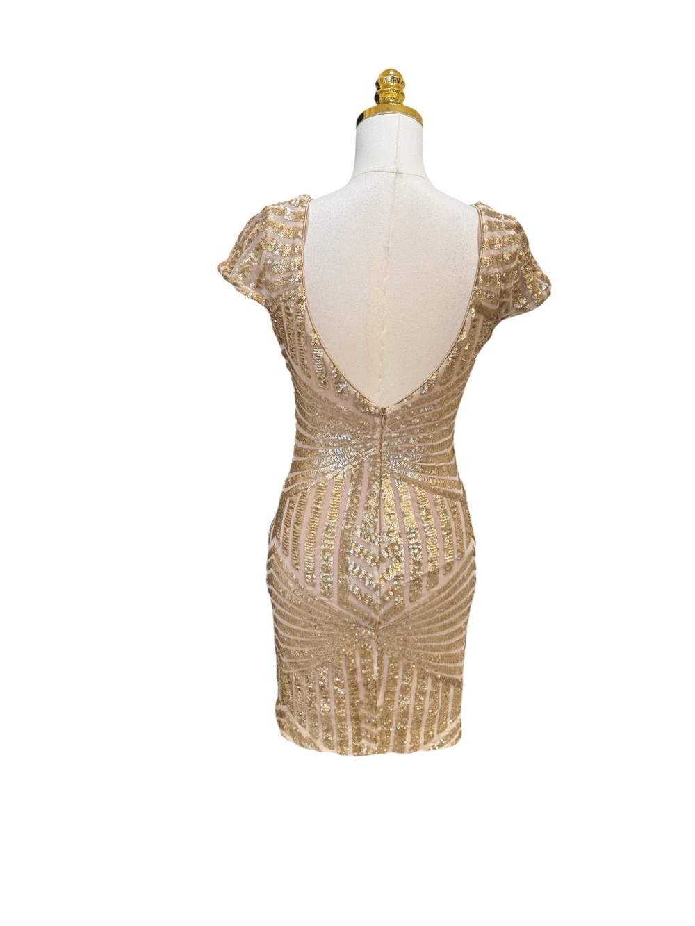 Dress the Population Tabitha Sequin Mini Dress Gold Nude Art Deco Open Back M - Picture 6 of 11